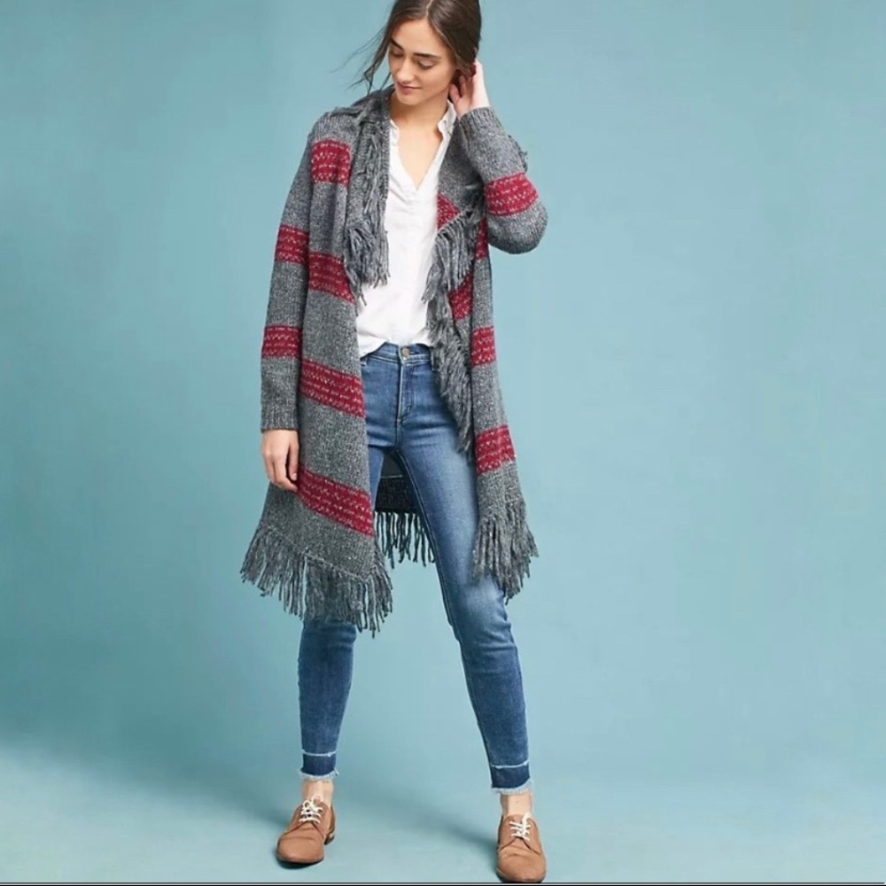 Moth grey and red fringe duster cardigan